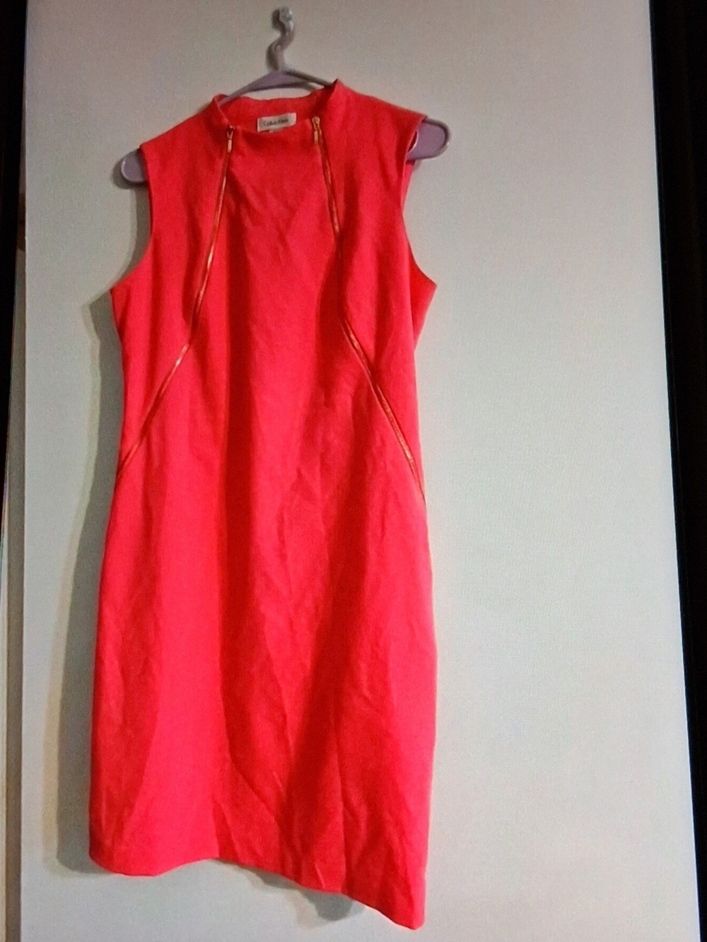 Calvin Klein Coral-Pink Sleeveless Sheath Dress with Gold Zippers
